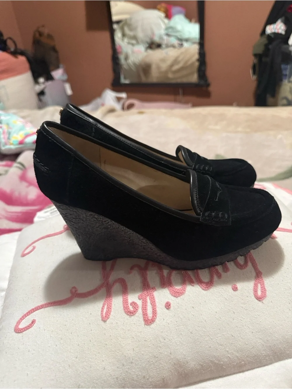 Michael Kors Black Suede Wedge Loafers